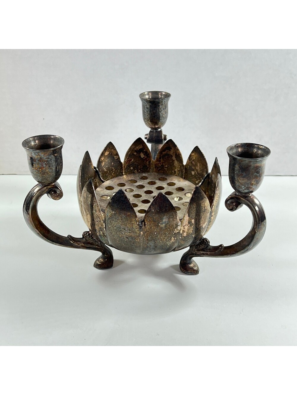 Vintage Leonard Silver Plate Three-Arm Candle Holder with Floral Design